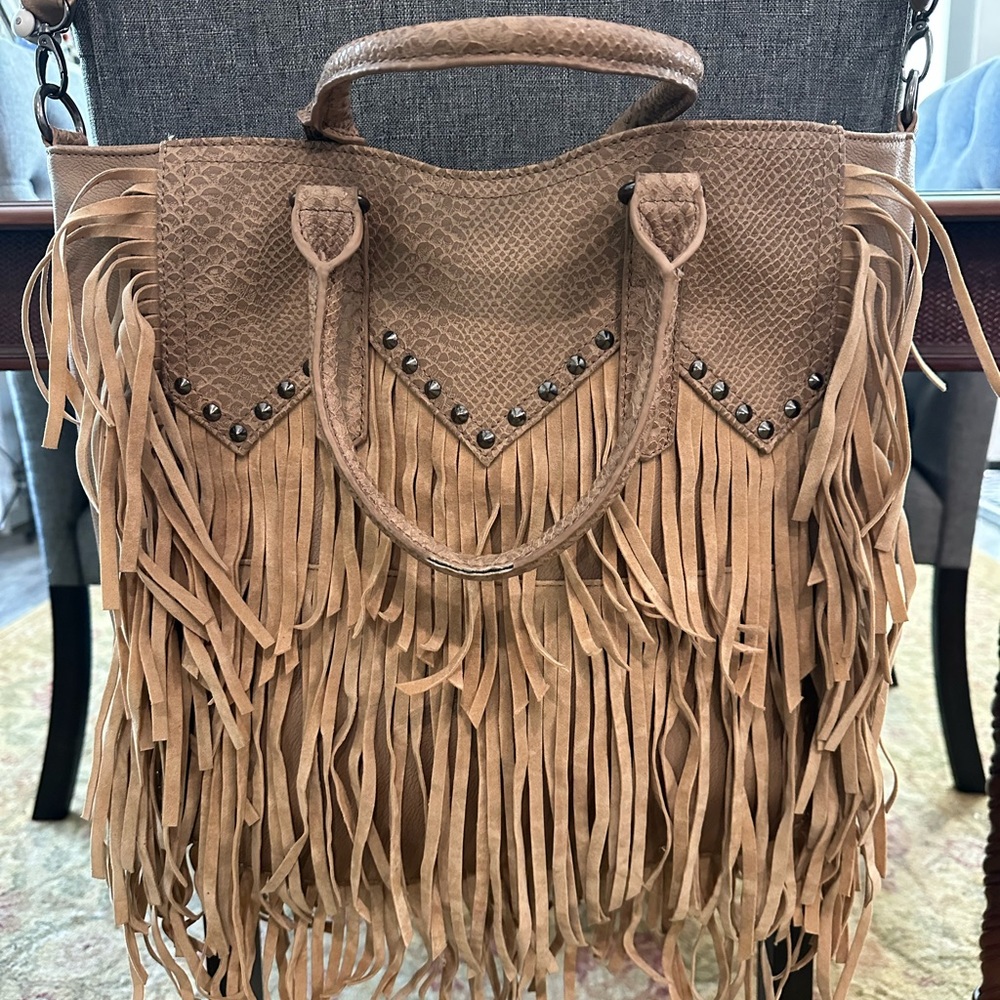 Tan Suede Fringe Tote with Heart Accents